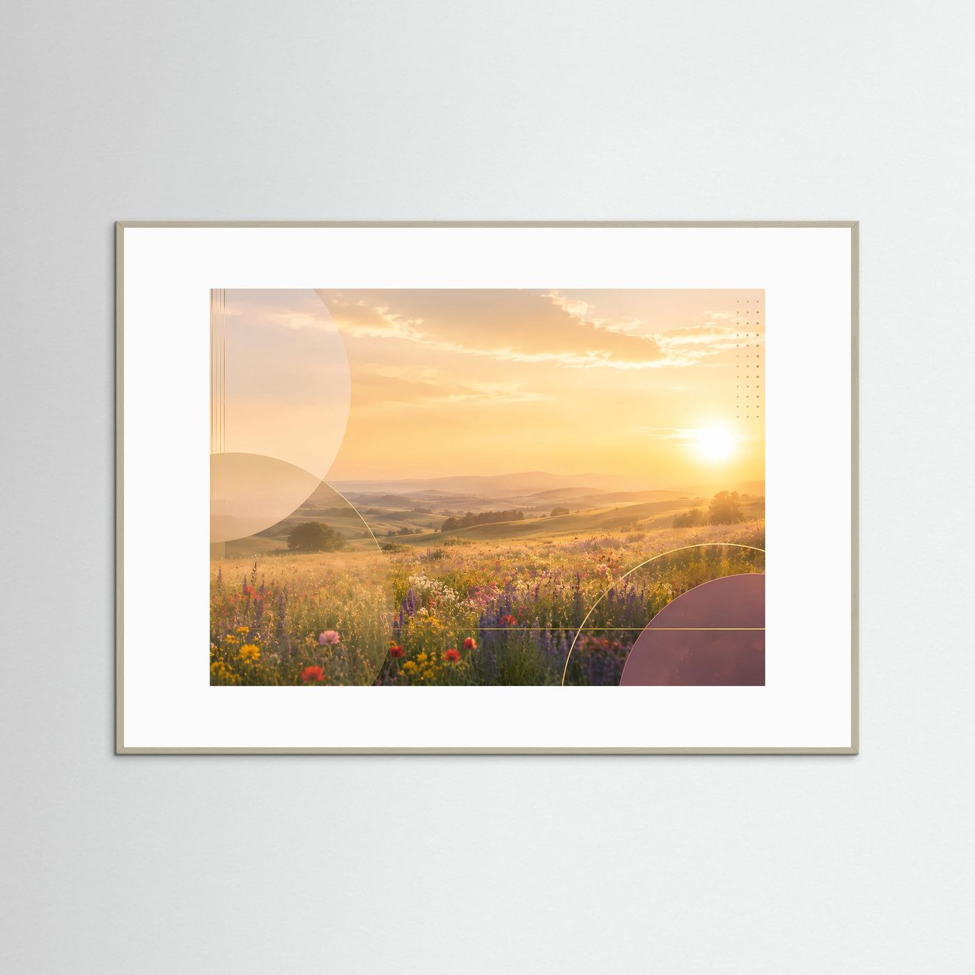 Blühende Sommerwiese im Goldenen Sonnenuntergang | Romantische Landschaft mit Wildblumen, sanften Hügeln und warmem Abendlicht | Moderne Natur Wandkunst im Querformat