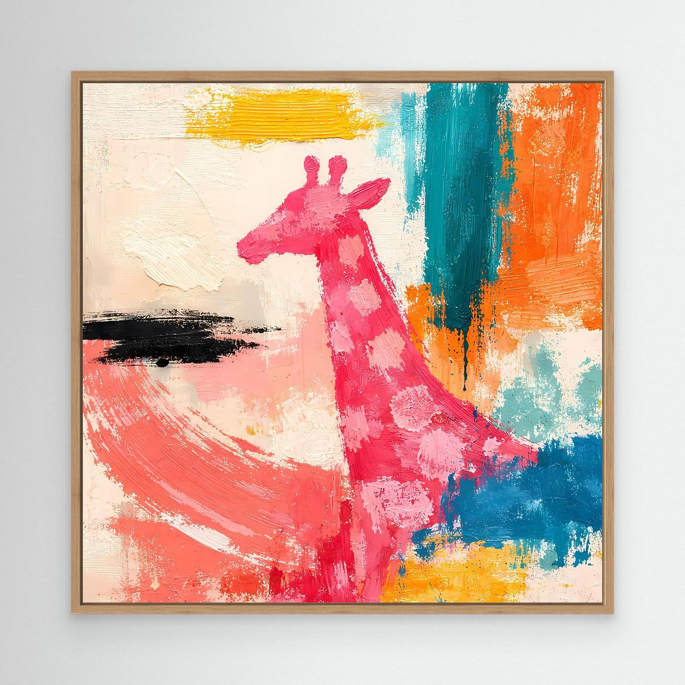 Leinwand-Wandbild mit abstrakter Giraffe im Pop-Art-Stil, pinke Figur mit Holzrahmen