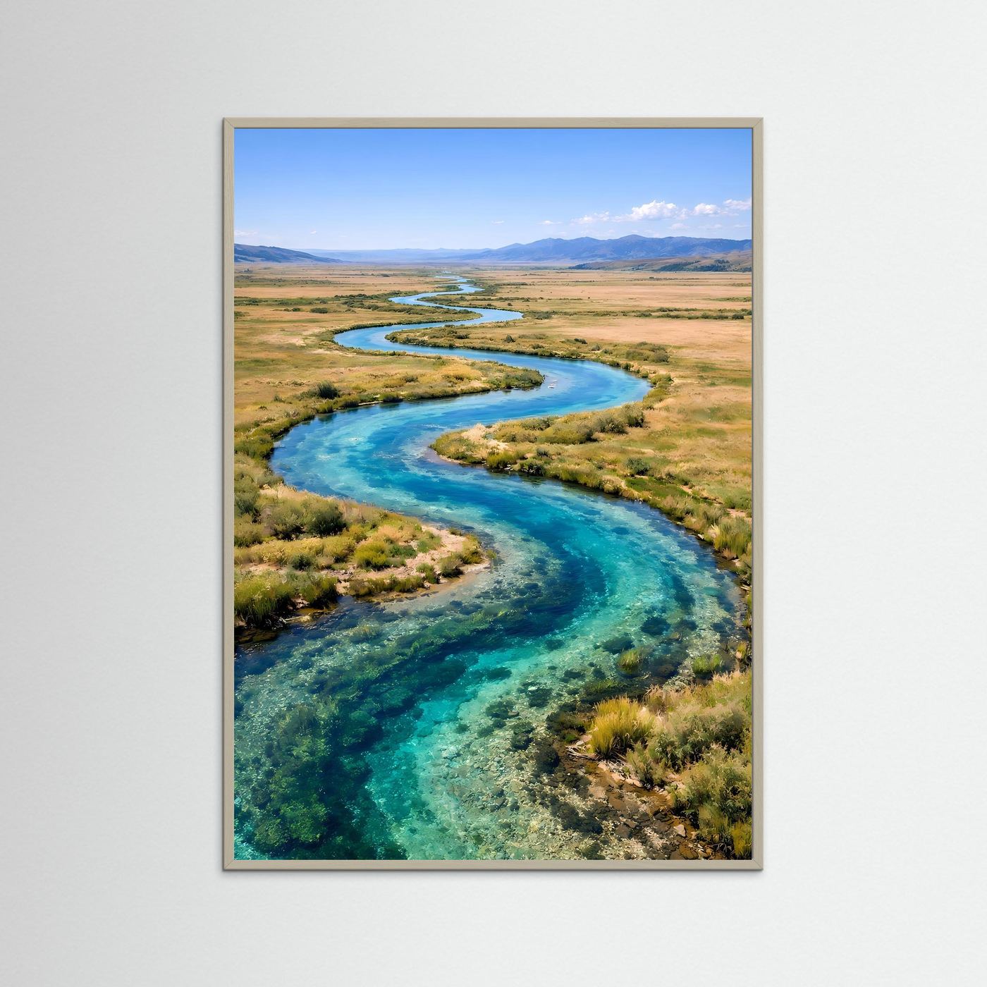 Landschafts-Wandposter mit türkisfarbenem Fluss, hellbrauner Holzrahmen, Hochformat