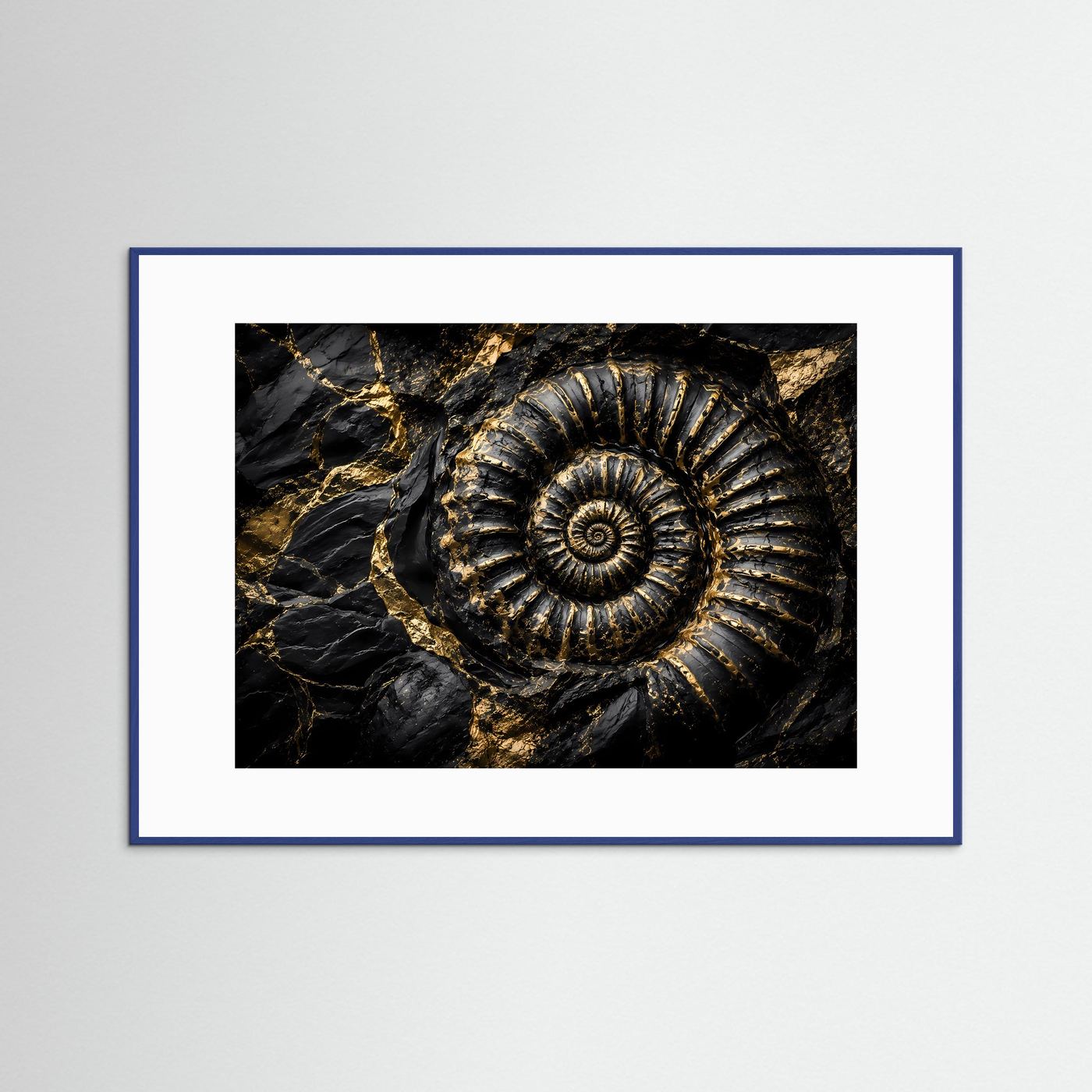 Ammonit Fossil Wandbild | Schwarz Gold Kunst | Geologie Poster | Luxus Leinwand | Prähistorische Natur Wanddeko | Moderne Wall Art