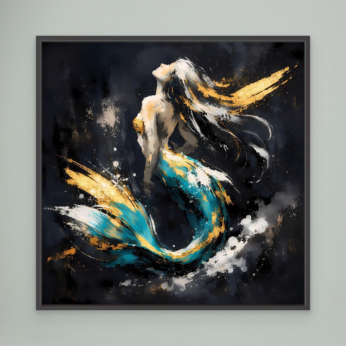 Leinwand Elegante Meerjungfrau in Türkis und Gold | Modernes Fantasy Wandbild