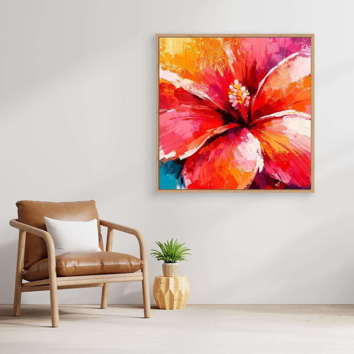 Leinwand Abstraktes Hibiskus Blütenbild | Modernes Tropen Wandbild Rot Pink
