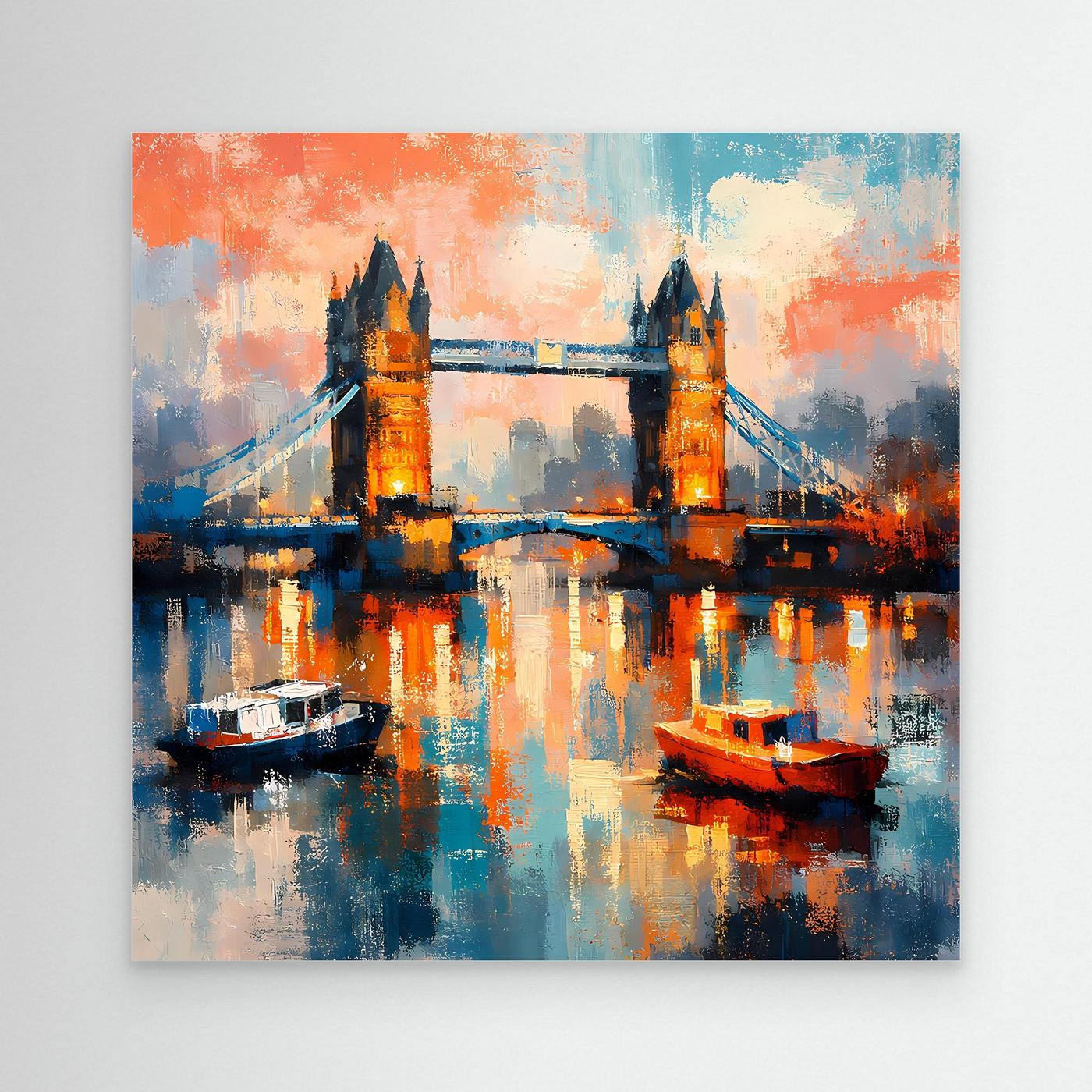 Gerahmtes Leinwandbild mit abstrakter Tower-Bridge bei Nacht, Boote und Wasserreflexionen