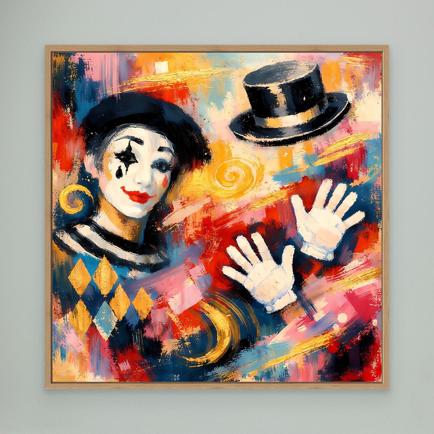 Leinwandbild mit Clown im Zylinder, Holzrahmen, bunte Pinselstriche, erhobene Hände