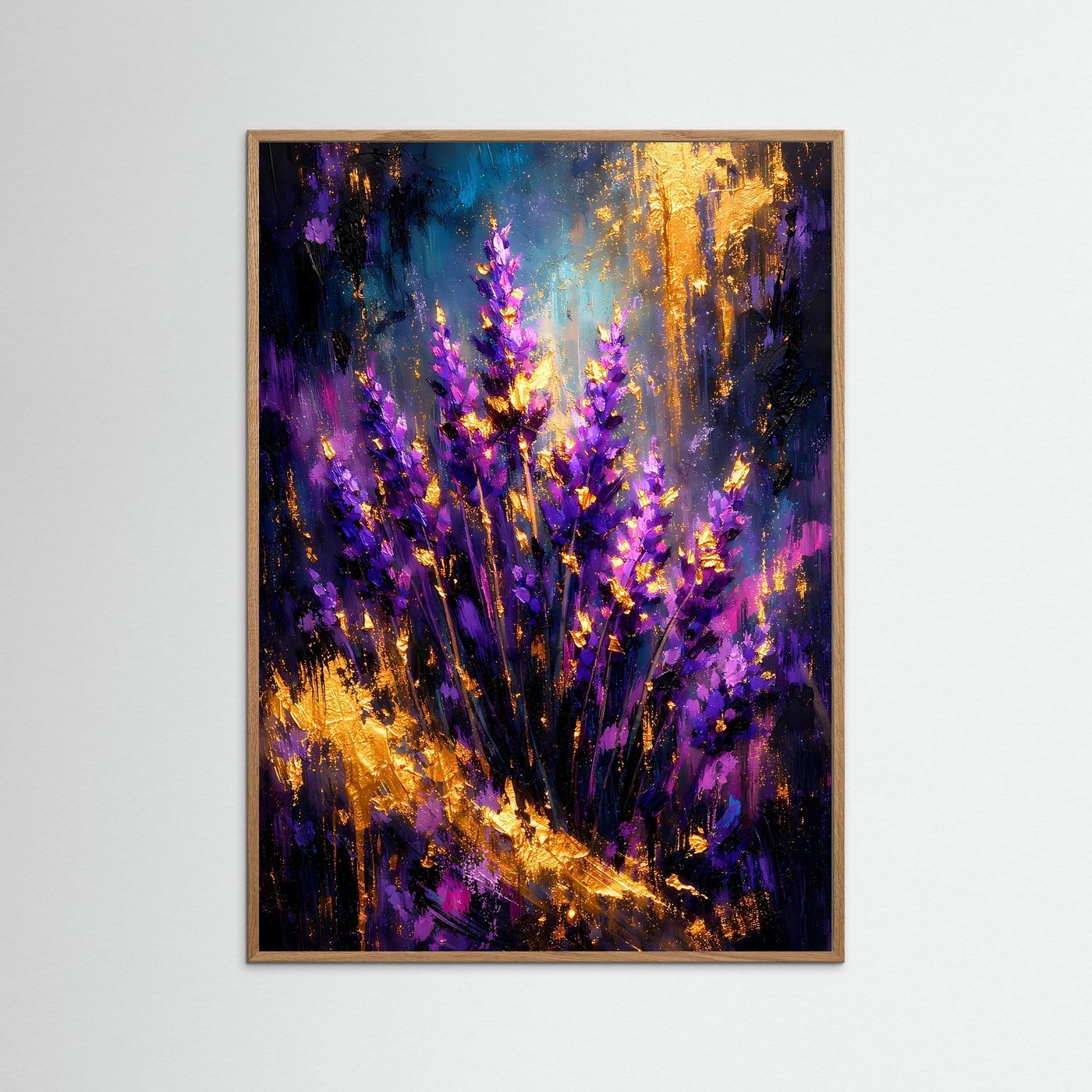 Abstraktes Lavendelkunstposter im rötlich-braunen Holzrahmen, violett, blau und goldene Akzente