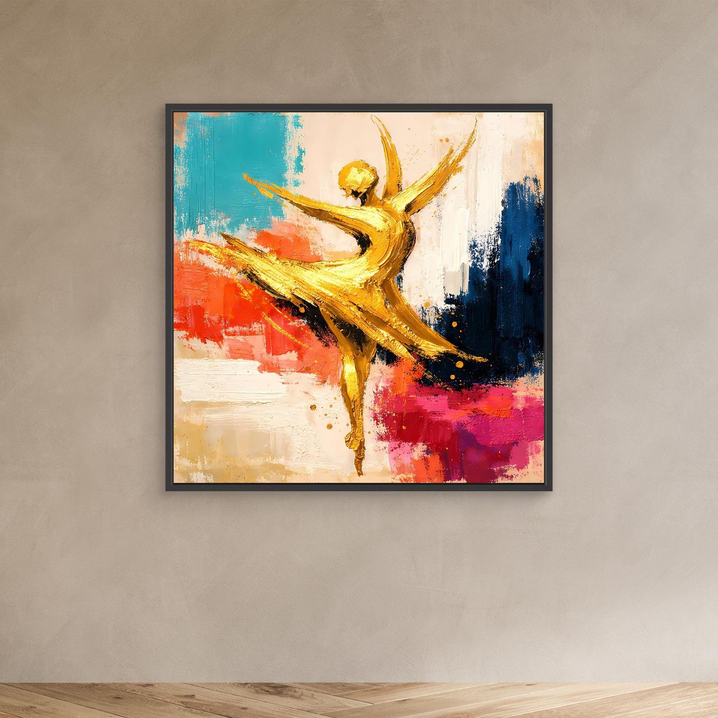 Abstraktes Leinwand-Wandbild mit goldener Ballerina im schwarzem Rahmen, Blau-Rot-Kontraste