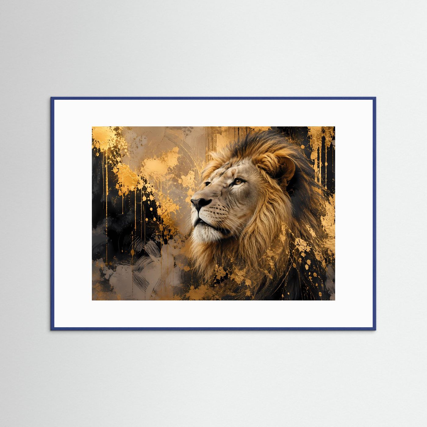Tierkunstposter mit Löwenmotiv, blauer Rahmen und weißes Passepartout
