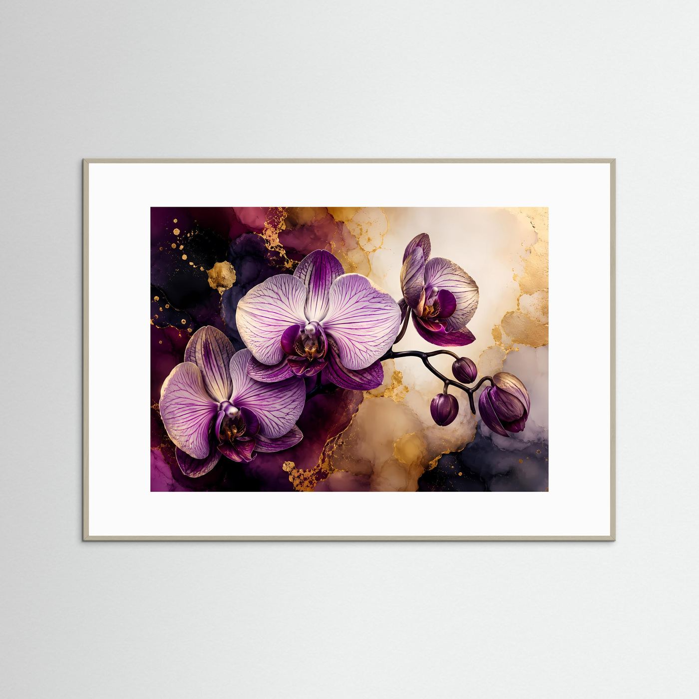 Orchideen Poster Querformat | Elegante Orchideen Wandkunst in Violett, Creme & Gold | Modernes Blumen Wandbild