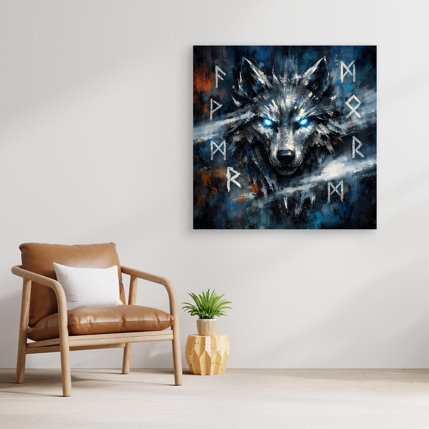 Wandbild mit nordischem Wolf in Blau-Schwarz, leuchtende Augen und Runen