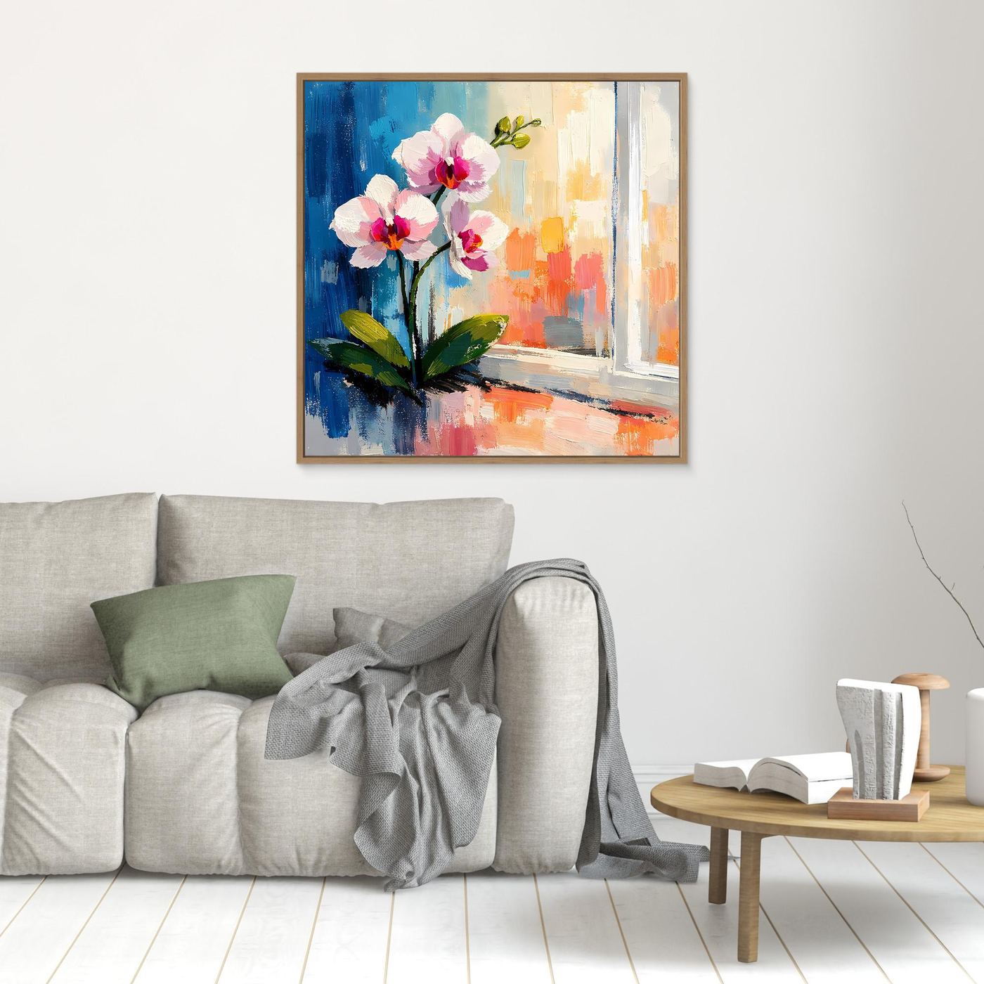 Leinwandbild: abstrakte Orchideenblüten am Fenster, Holzrahmen