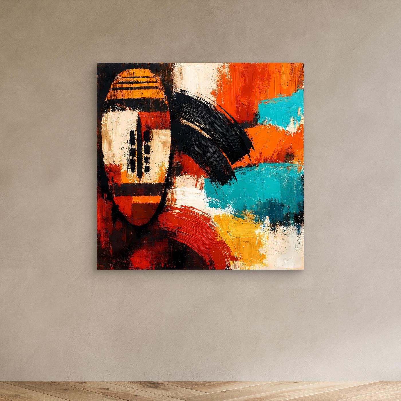 Abstract canvas wall art of an African mask in red, orange, teal and white tones