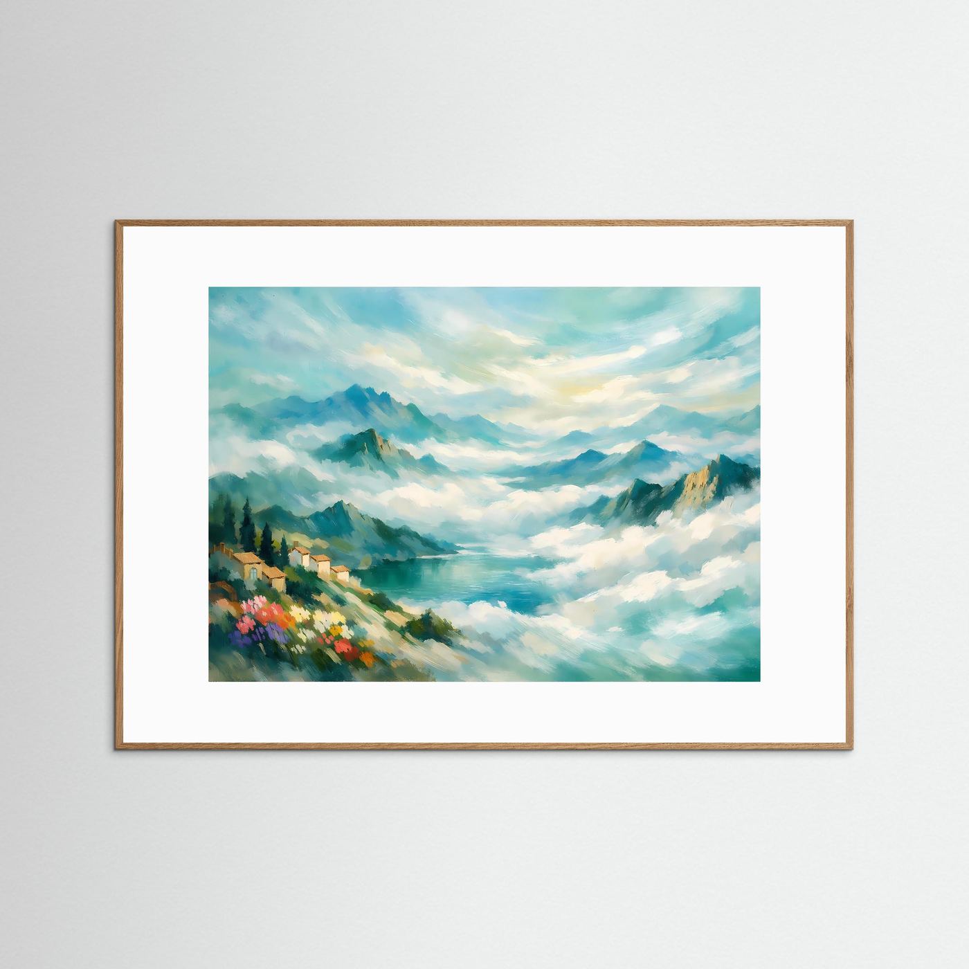 Wandbild mit bergiger Landschaft im Nebel, rötlicher Holzrahmen, See und Wolken