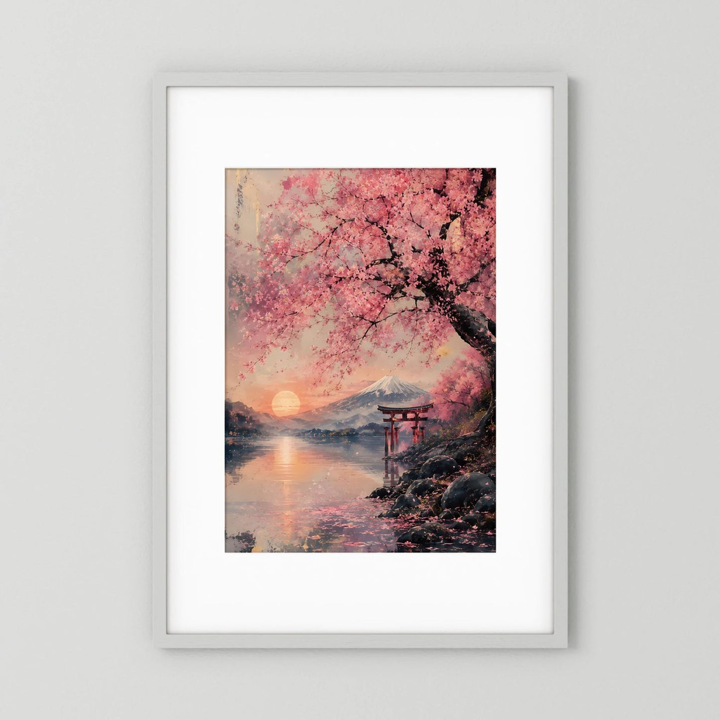 Hochformatiges Poster mit Sakura-Blüten, Sonnenaufgang über Wasser und Torii, im hellen Rahmen