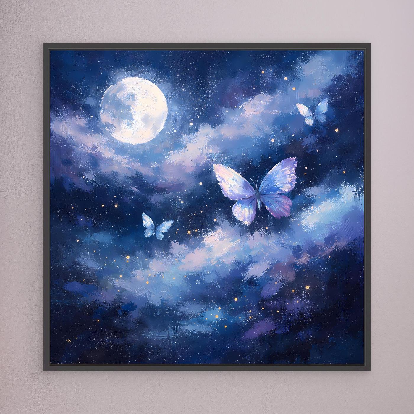 Leinwand-Wandbild mit Mond, Wolken und lilafarbenen Schmetterlingen im Sternenhimmel, schwarz gerahmt