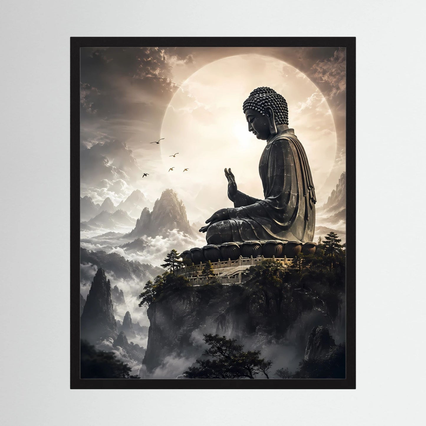 Vertikales Poster im schwarzen Rahmen: sitzender Buddha über Berglandschaft und Wolken