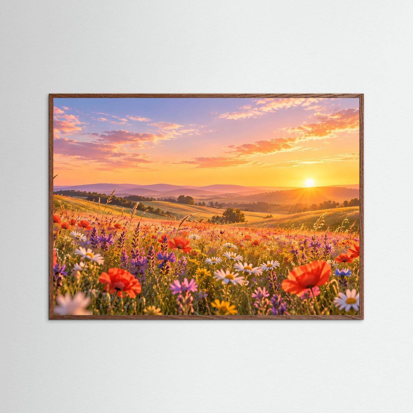 Gerahmtes Landschaftsbild mit Naturholzrahmen: Mohn- und Wildblumenfeld, Sonne im Abendlicht
