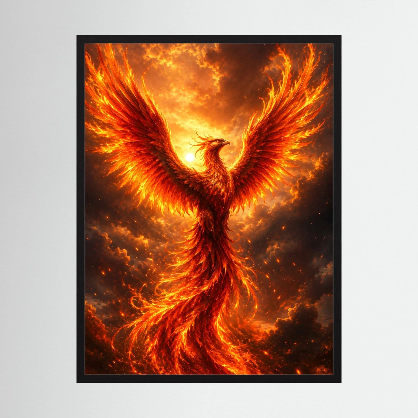 Hochformatposter mit Phönix in orangeglühenden Flammen, in schwarzem Rahmen