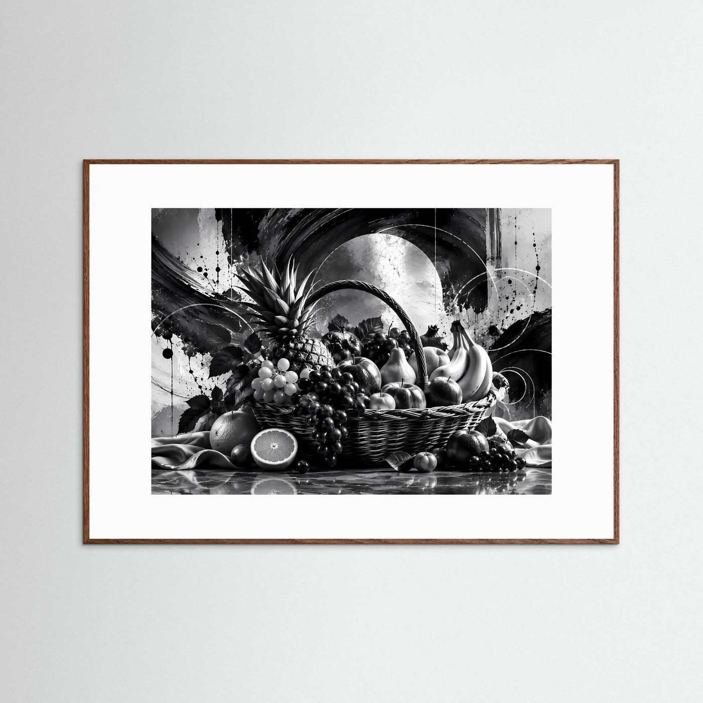 Schwarz-Weiß Obstkorb Poster | Modernes Stillleben Wandbild | Monochrome Früchte Kunst | Elegante Küchen Deko | Abstrakte Wall Art