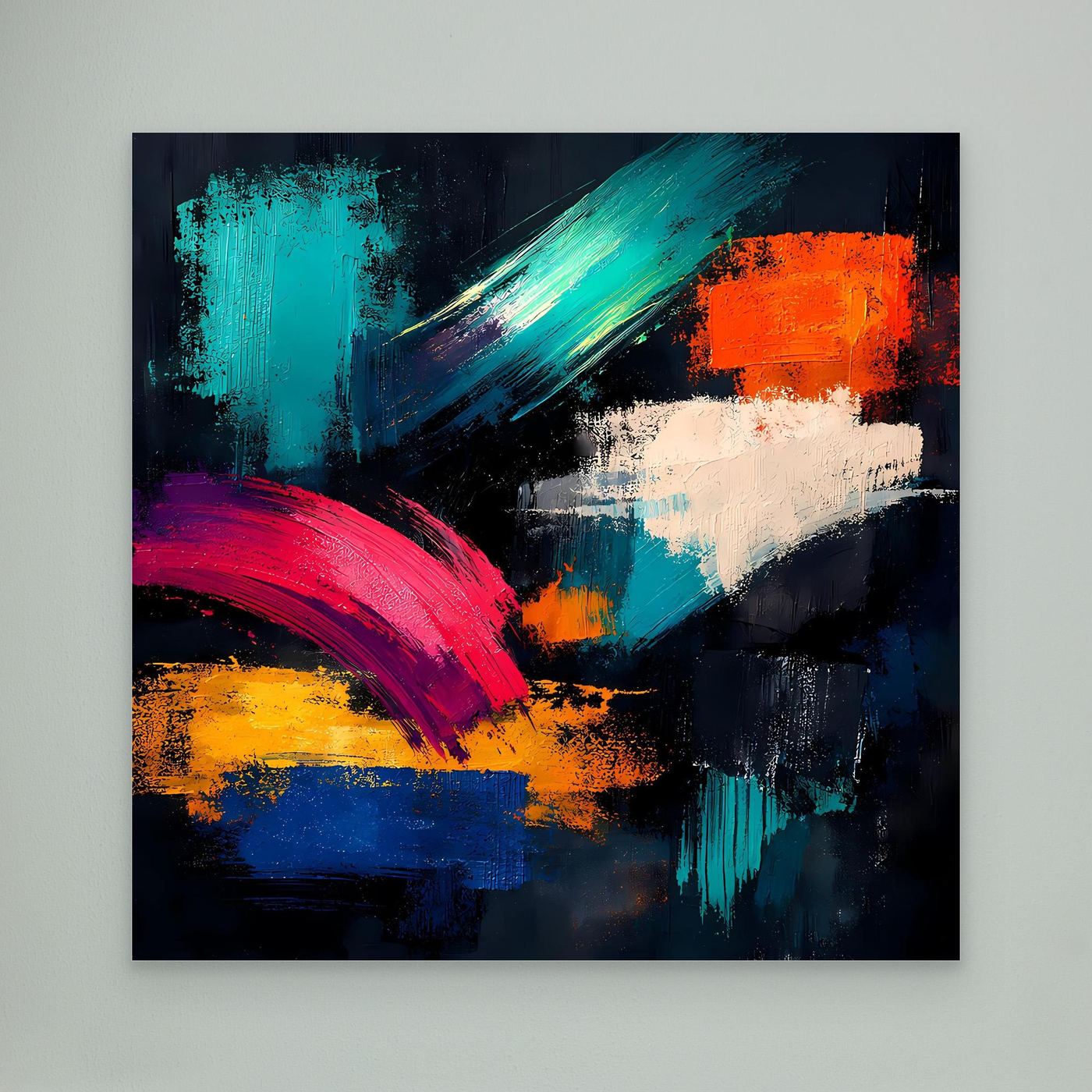 Leinwandbild abstrakt ohne sichtbaren Rahmen, kräftige Pinselstriche in Türkis, Orange, Pink