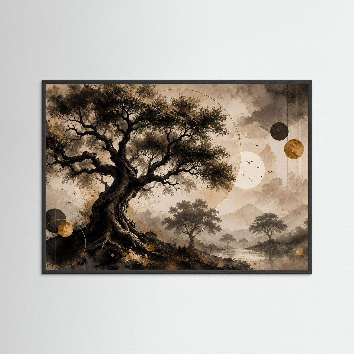 Abstrakte Natur-Wandkunst im Querformat, dunkler Baum, Gold-Beige, schwarzer Rahmen