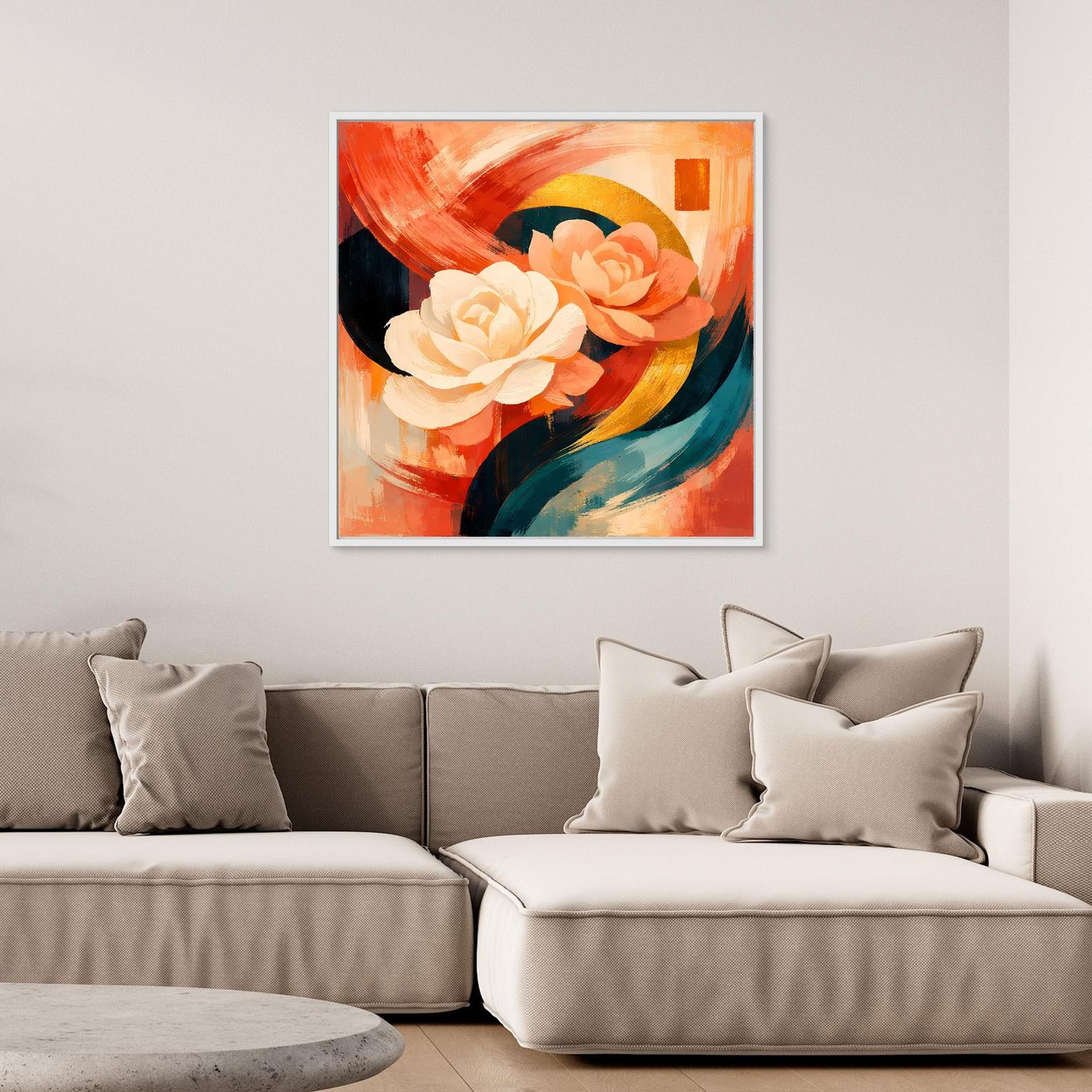 Leinwandbild mit abstrakten Rosen in warmen Farbtönen, mit hellem Rahmen