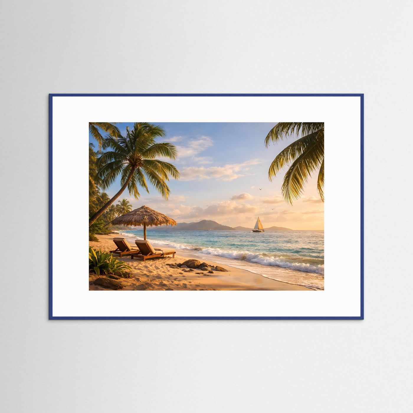 Tropischer Traumstrand bei Sonnenuntergang | Karibik Strand & Segelboot Wandbild Querformat