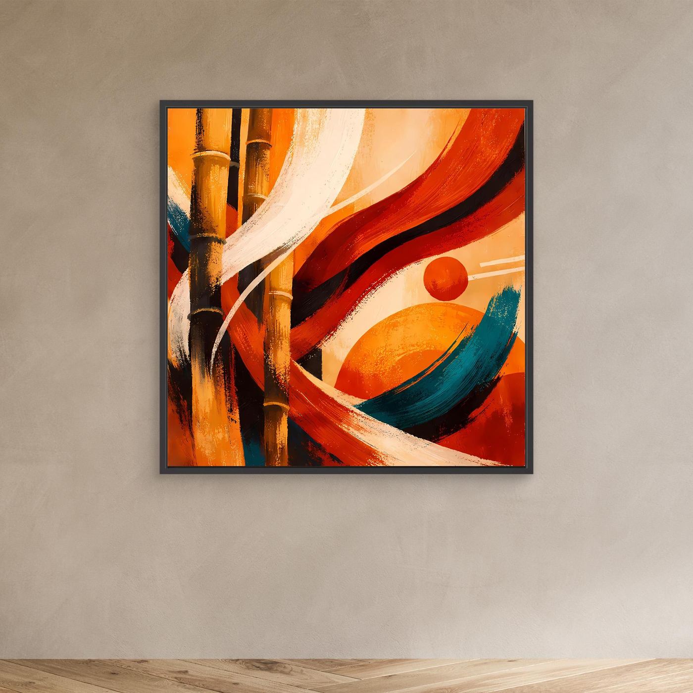 Abstraktes Leinwandbild mit Bambusmotiv im schwarzen Rahmen, orangefarbene Bögen und Kreis