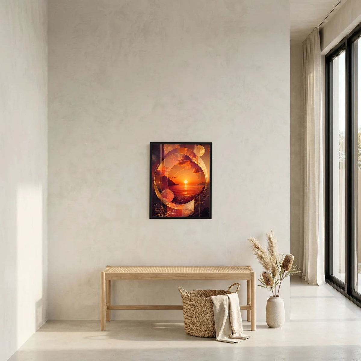 Gerahmtes abstraktes Sonnenuntergangs-Poster mit gold/orange Kreisen an heller Wand