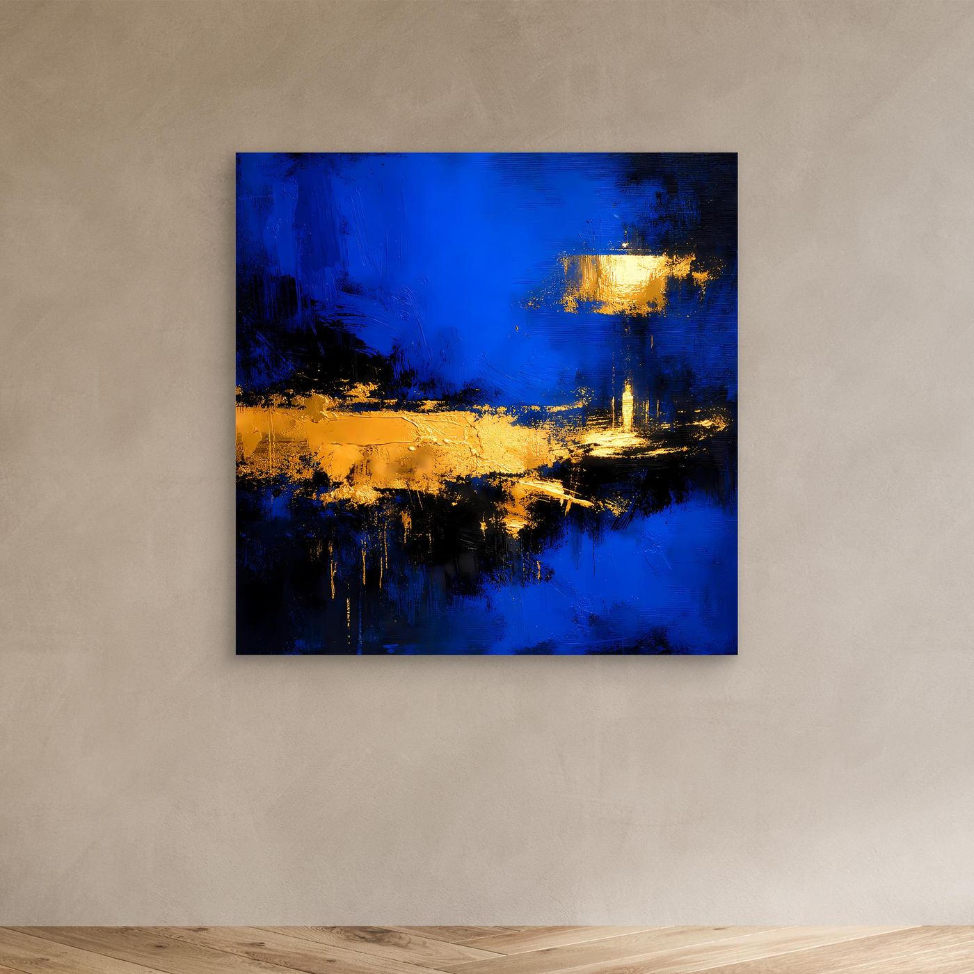 Leinwand Abstrakte Meereslandschaft bei Nacht | Modernes Küsten Wandbild in Blau und Gold