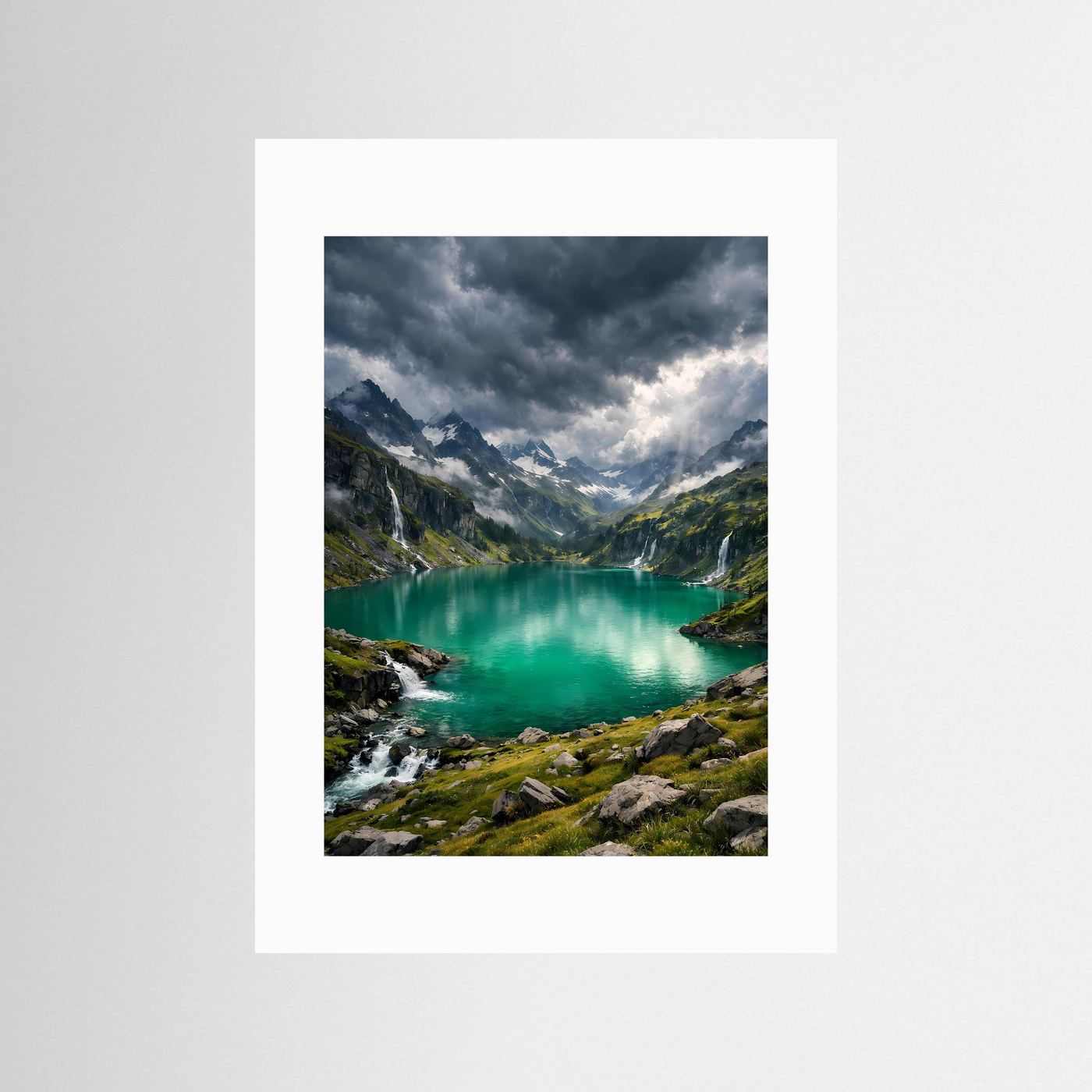 Bergsee-Poster im Hochformat mit türkisfarbenem See, Wasserfällen und Gewitterhimmel, mit weißem Rand