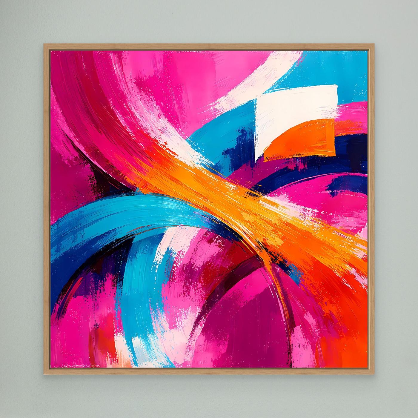 Leinwand-Abstraktbild mit Pinselstrichen in Pink, Blau und Orange, heller Holzrahmen.