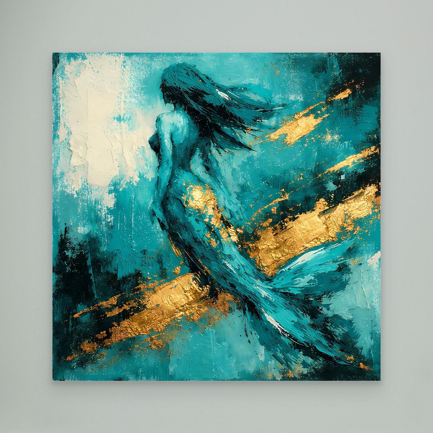Leinwand Elegante Meerjungfrau in Türkis | Abstraktes Nixen Wandbild Gold Blau