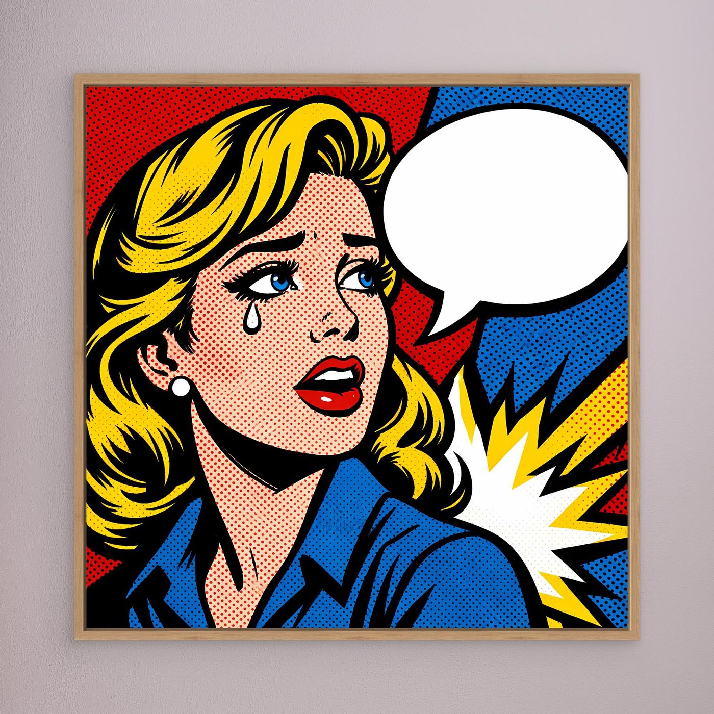 Leinwandbild: Pop-Art-Frau mit Sprechblase, blonde Haare, blaues Hemd, Holzrahmen