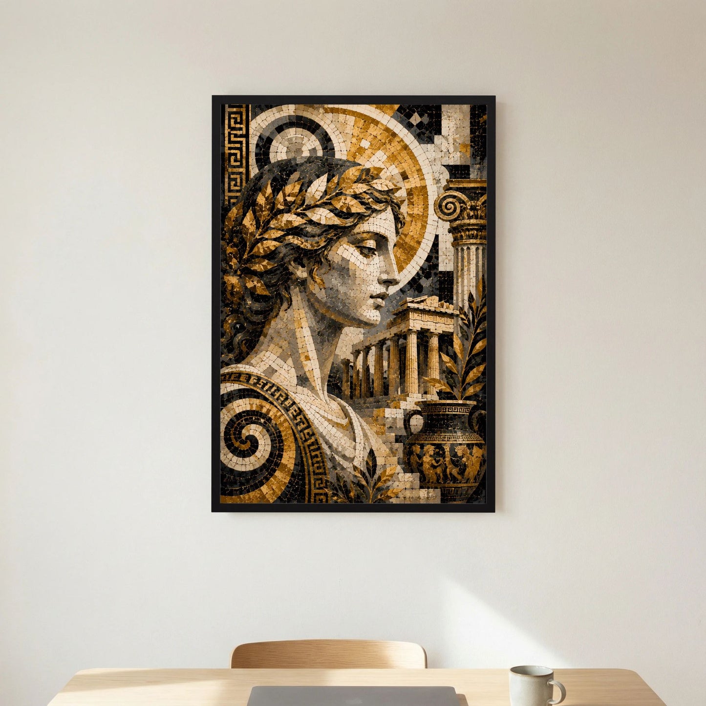Hochformat-Poster mit griechischer Göttin als Mosaik, Gold- und Schwarztöne