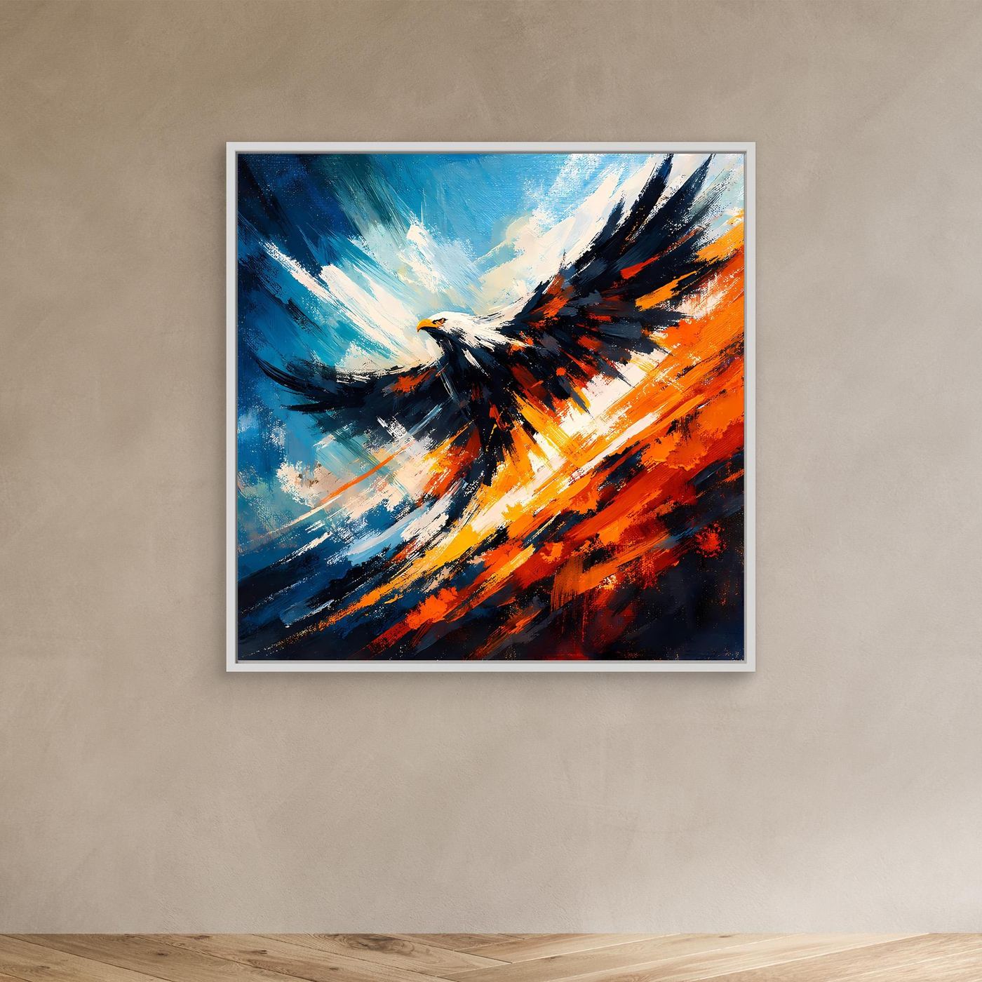 Abstraktes Leinwand-Wandbild mit Adler im Flug, blau-orange Akzente, weiß gerahmt
