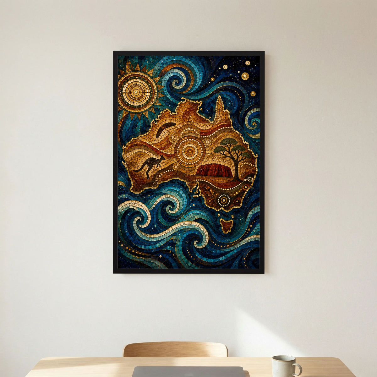 Gerahmtes Poster mit Mosaik-Känguru, goldenen Sonne-Kreisen und Wellen