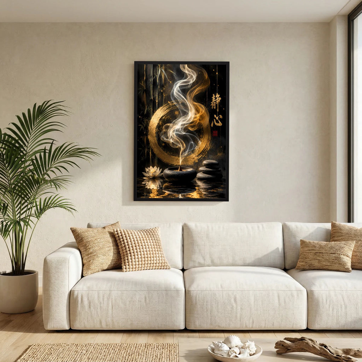 Hochformatiges Poster mit goldenen Details, Rauchwolke und Meditationssteinen, schwarz gerahmt