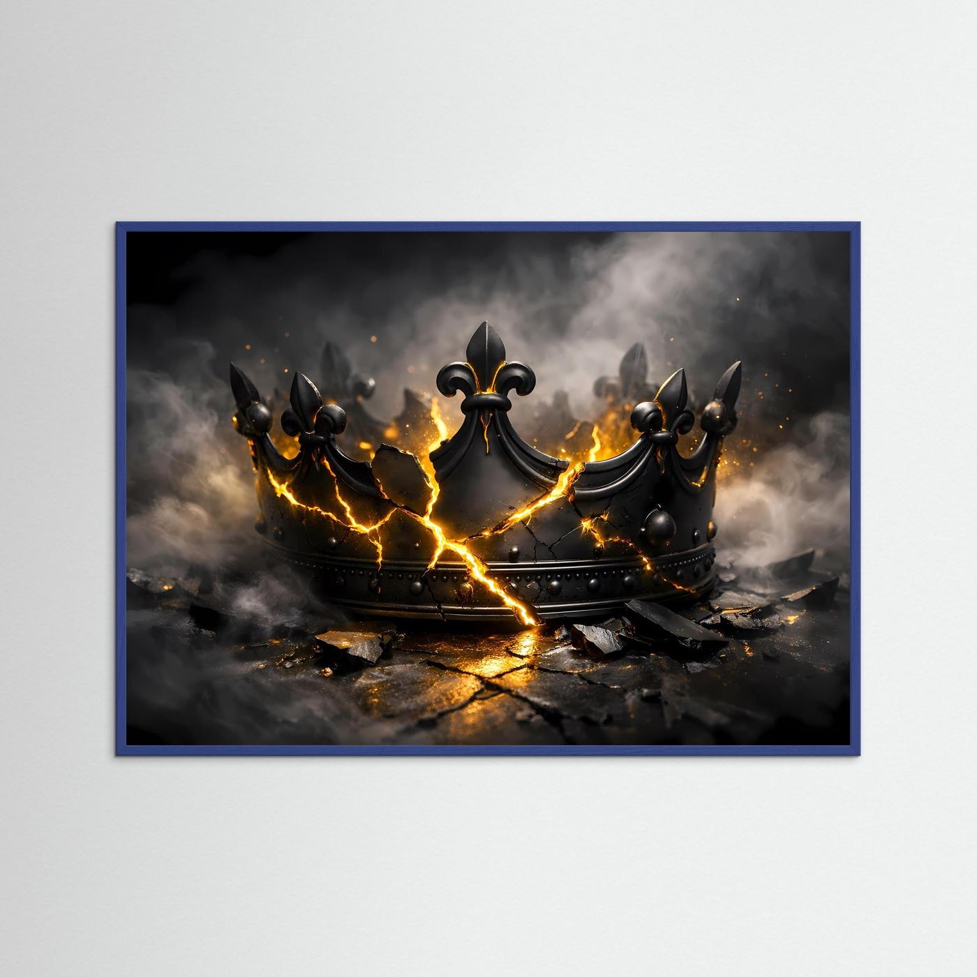 Wandbild zerbrochene Krone, schwarzer Hintergrund, Goldlicht, blauer Rahmen