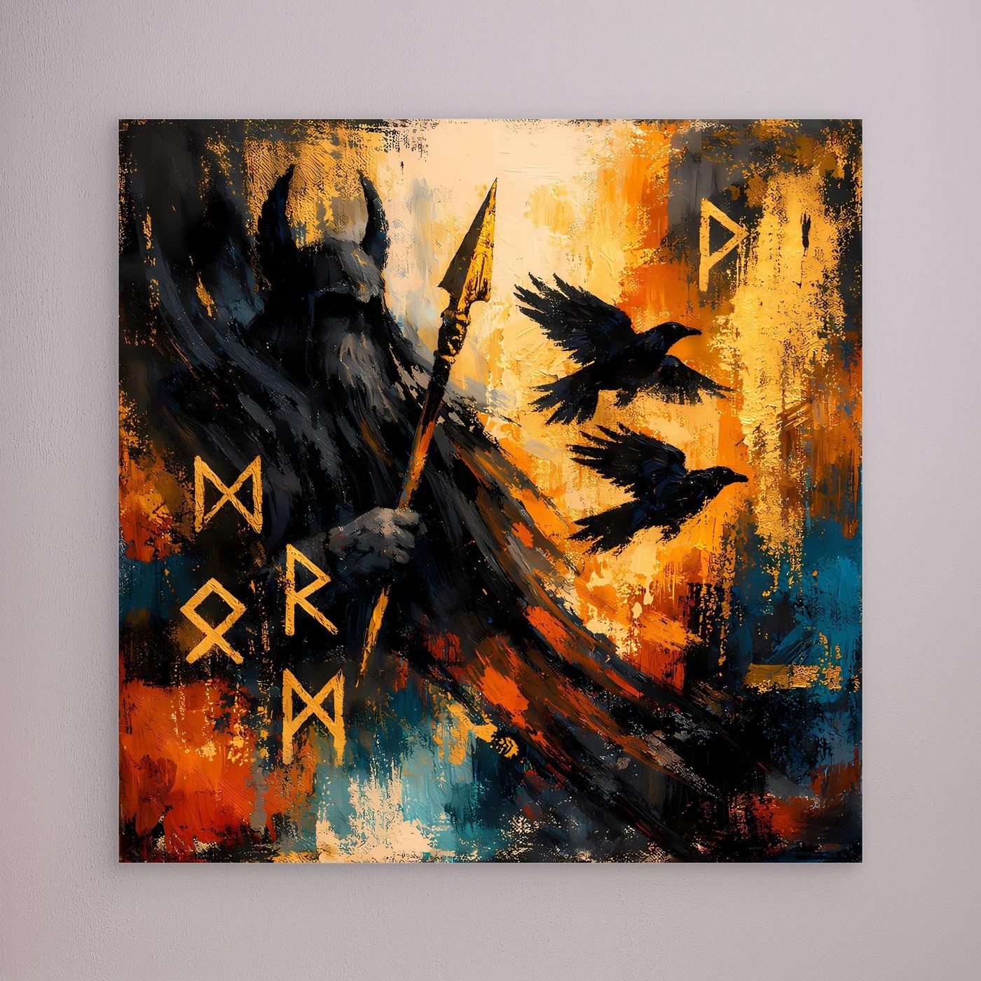 Abstraktes Wandbild mit Odin-Silhouette, Speer und Runen (ohne sichtbaren Rahmen)