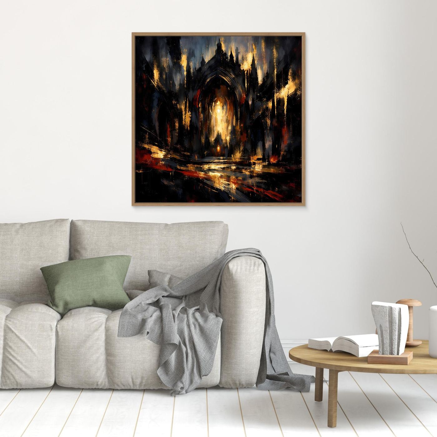 Kleines Leinwandbild mit abstrakter gotischer Kathedrale, dunkle Komposition, goldene Lichtspitzen im Holzrahmen
