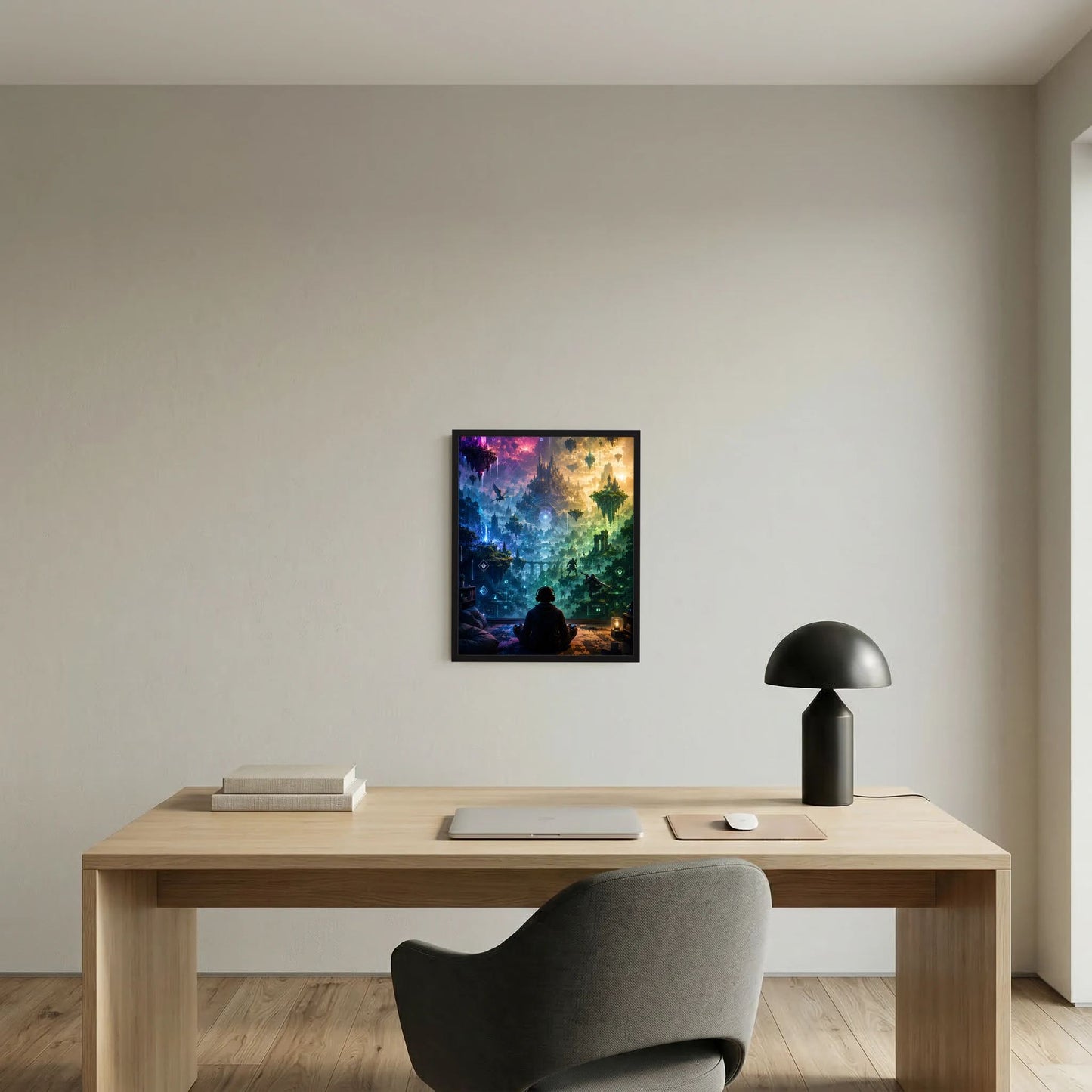 Kunstposter im schwarzen Rahmen über Holzschreibtisch, mehrfarbige Fantasy-Gaminglandschaft