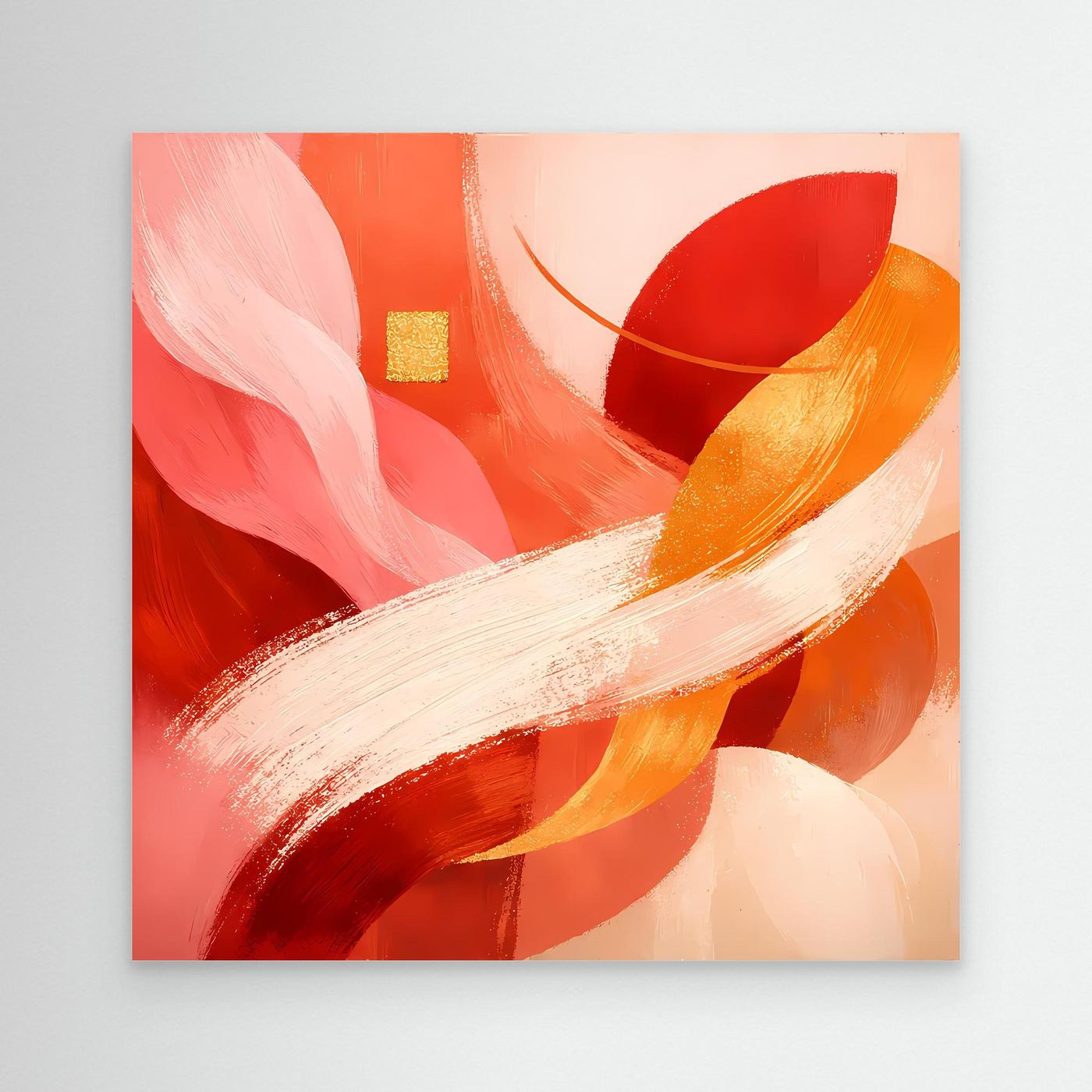 Abstraktes Leinwandbild mit roten, orangen und goldenen Pinselstrichen, quadratisch