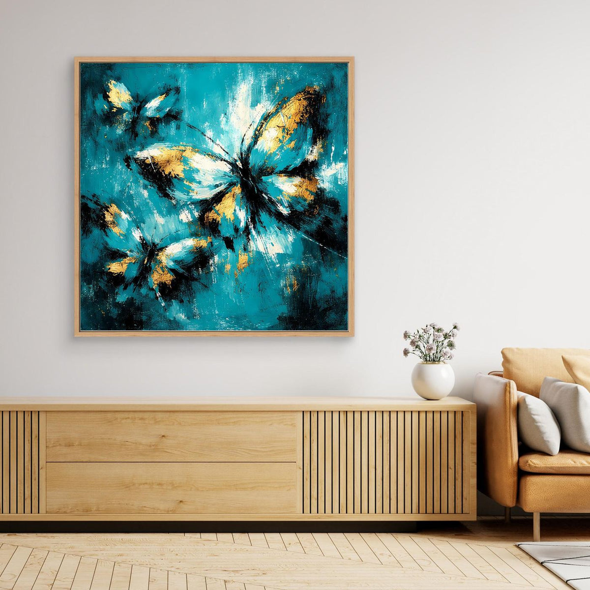 Gerahmtes Leinwandbild mit abstrakten Schmetterlingsformen, türkisblau und gold, Holzrahmen