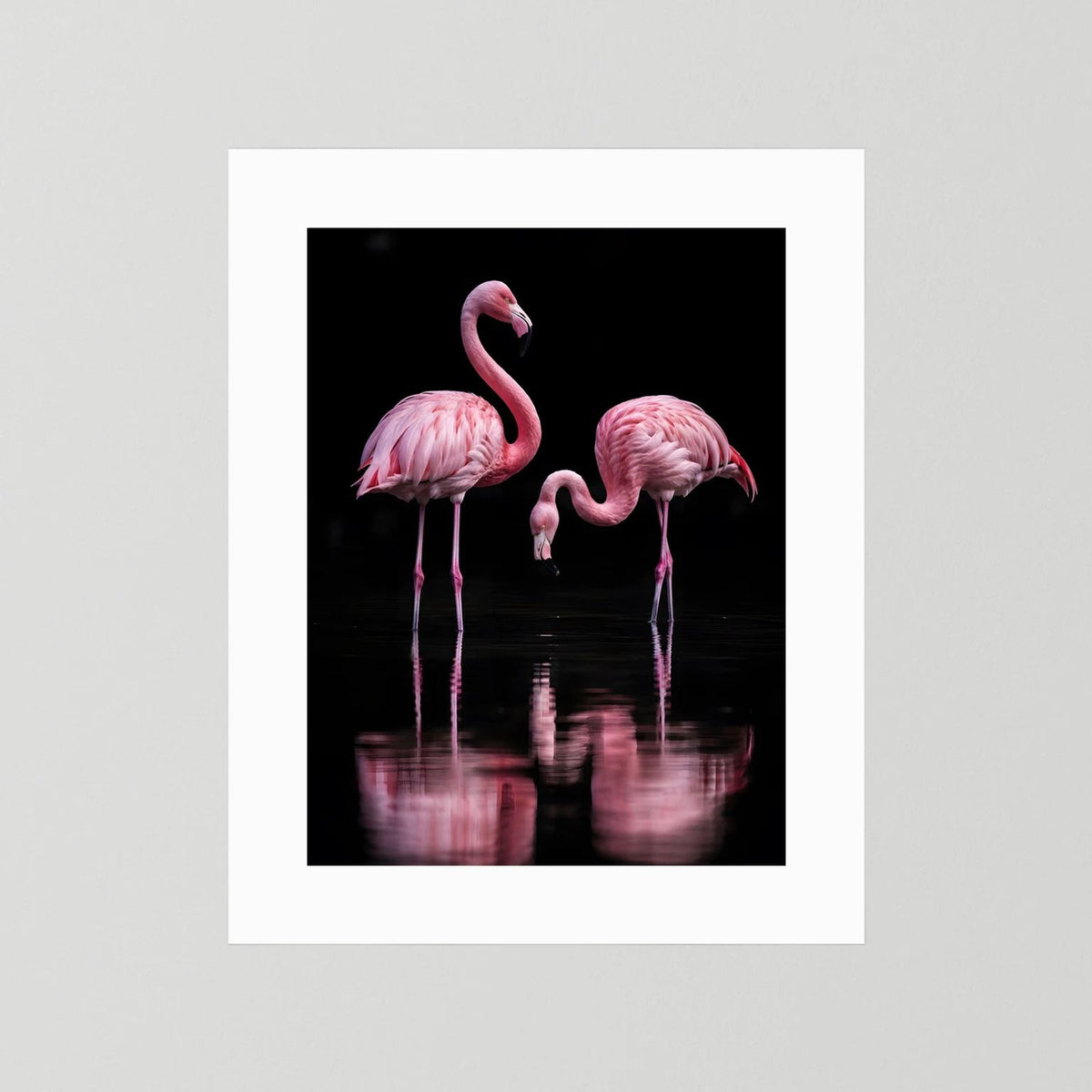 Hochformatiger Flamingo-Druck mit zwei rosa Vögeln und Spiegelung auf schwarzem Hintergrund