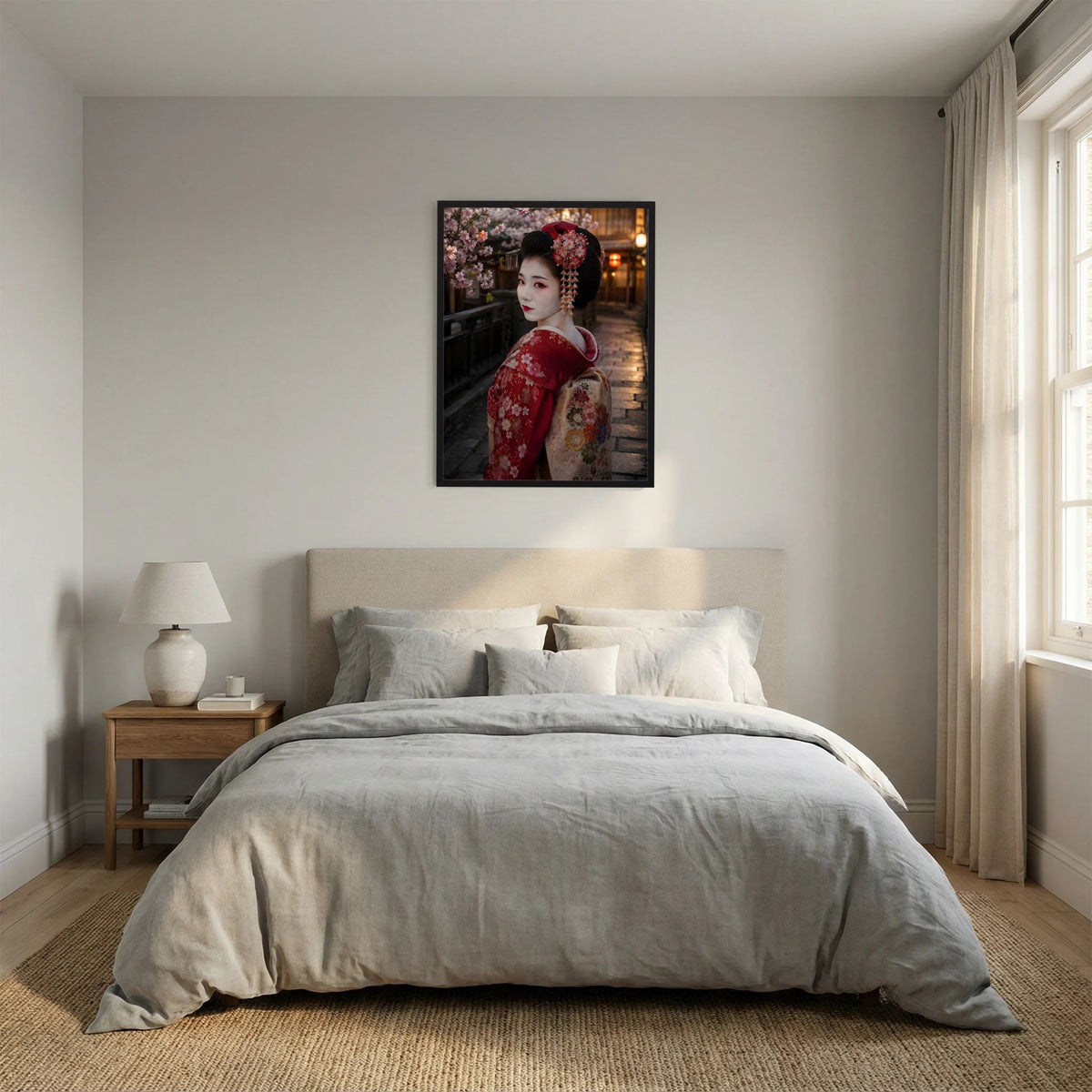 Wandposter im Hochformat mit Geisha im roten Kimono und Kirschblüten, schwarzer Rahmen