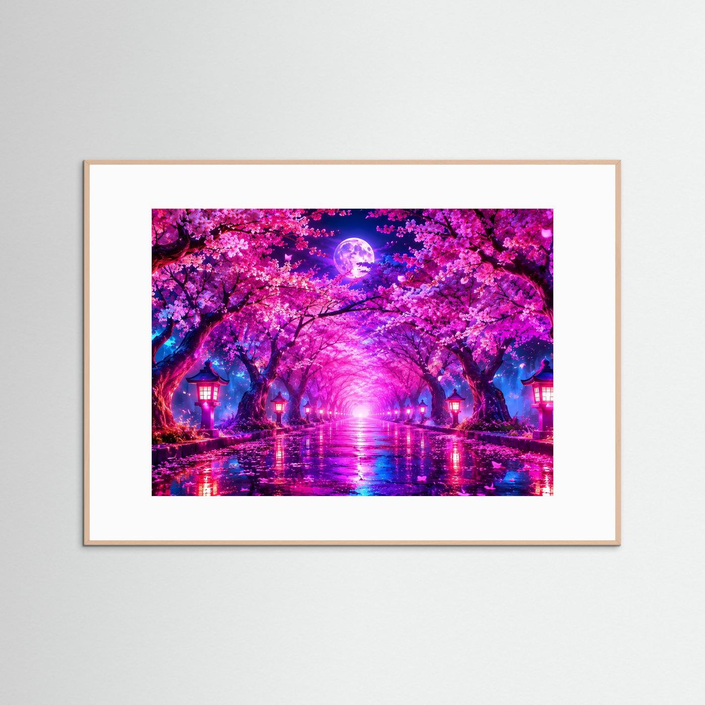 Kirschblüten Allee Wandbild Neon | Japan Poster Sakura Nacht | Leuchtender Vollmond | Fantasy Landschaft | Moderne Leinwand Wandkunst