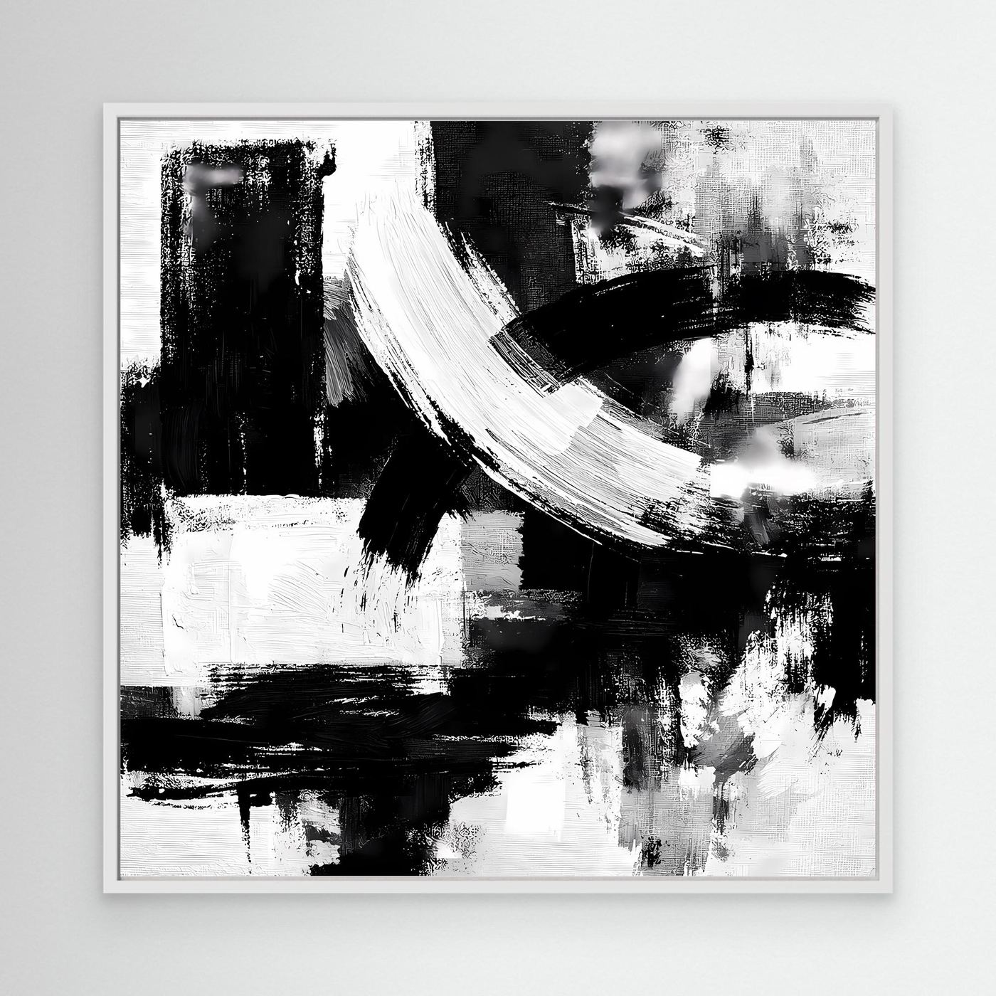 Black-and-white abstract brushstroke canvas wall art in white frame, minimalist