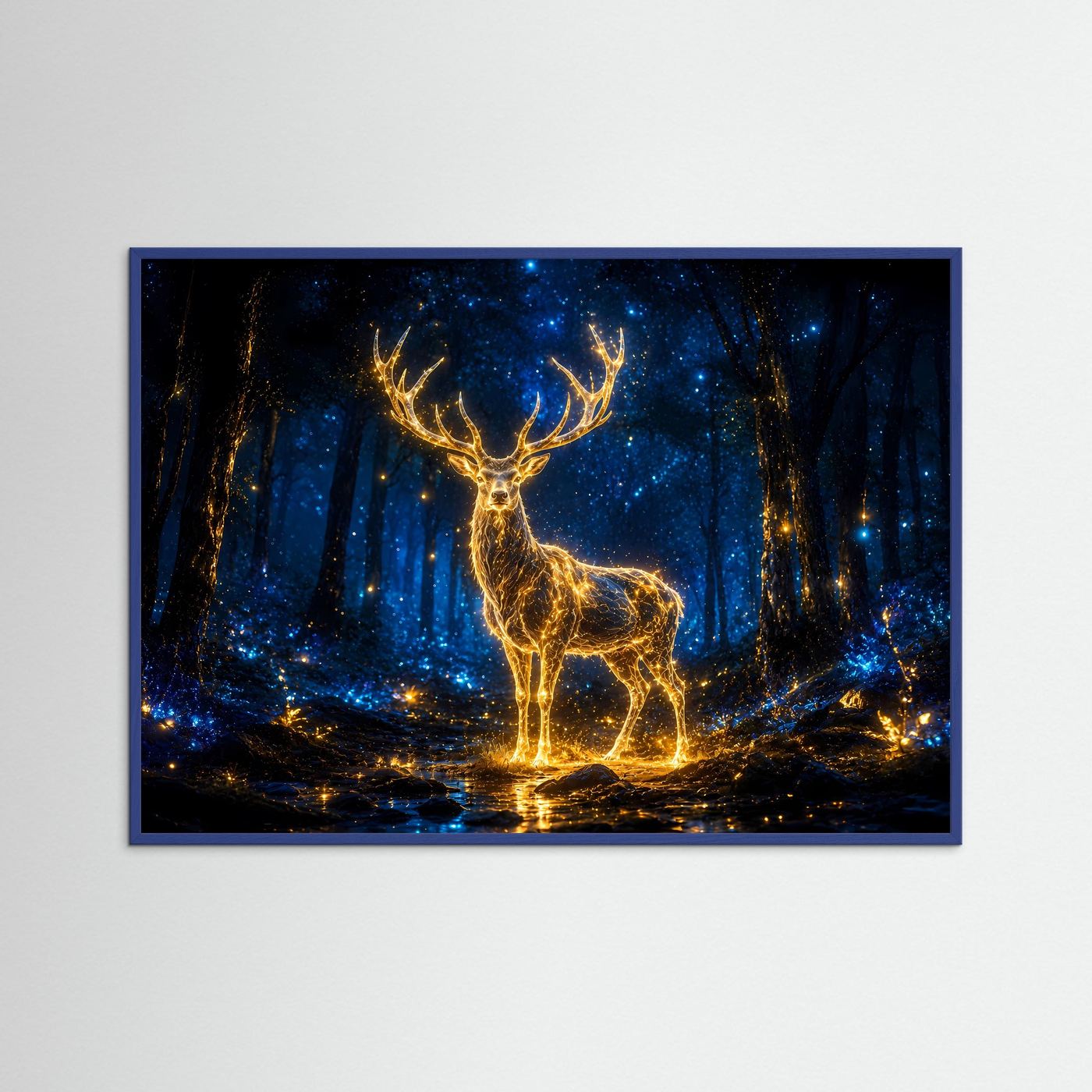 Leuchtender Hirsch Poster | Mystischer Wald Wandbild | Magisches Hirschmotiv in Blau und Gold
