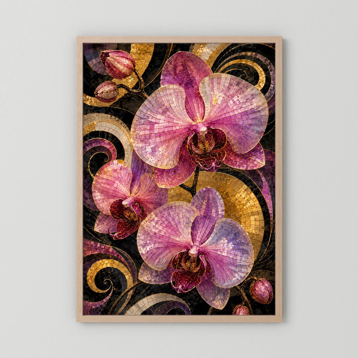 Hochformatiges Kunstposter mit hellem Holzrahmen und rosa Orchideen im Mosaikstil.
