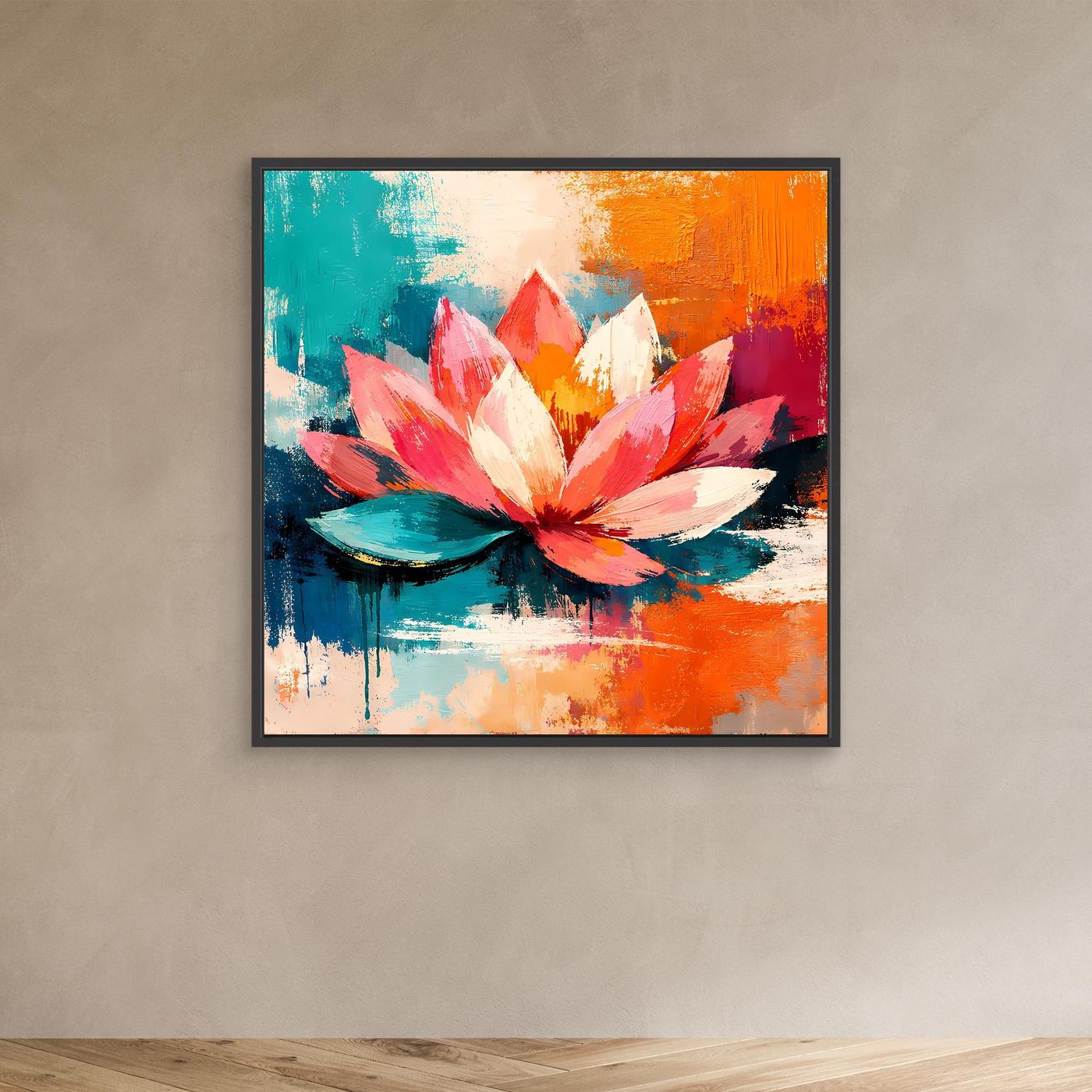 Black-framed abstract lotus canvas wall art with teal, orange, and pink petals